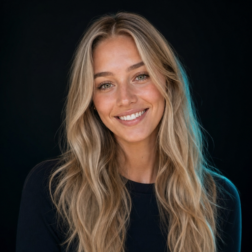 Maja smiling against a black background